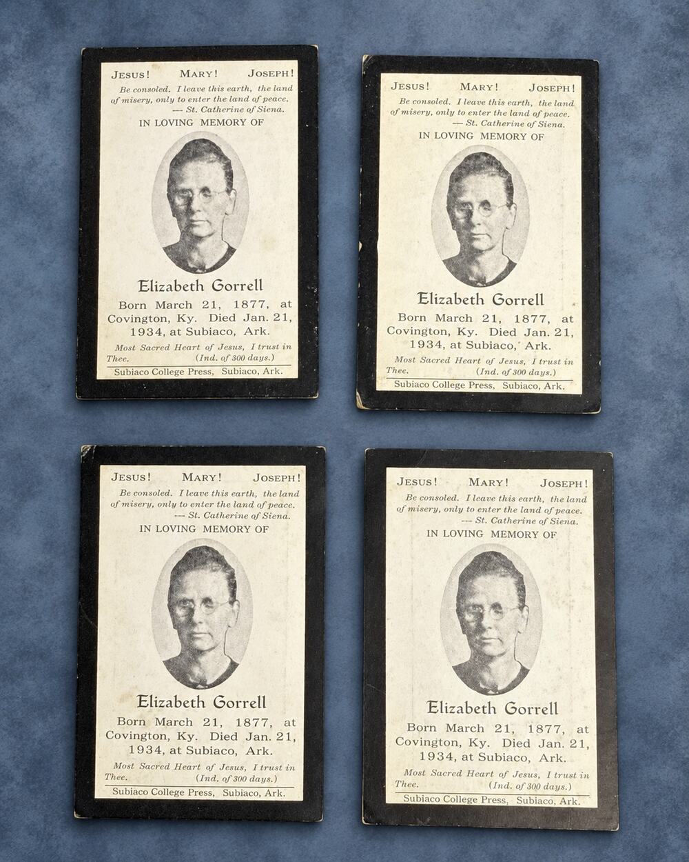 1934 Elizabeth Gorrell Subiaco Arkansas Memorial Prayer Cards Lot of 4